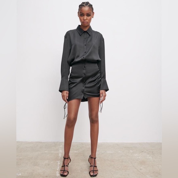 Zara Dresses & Skirts - Zara Satin Shirt Mini Dress Black Blogger’s Favorite